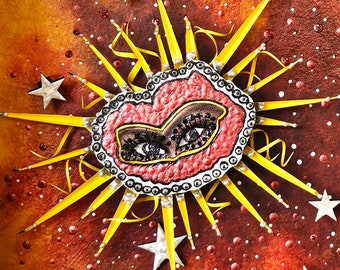 Sunburst Eyes with Stars all Around.  OOAK.  3 dimensional multimedia collage with acrylic painting as the background