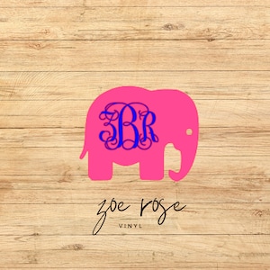 May include: Pink elephant silhouette with a blue monogram "BR" inside. The text "zoe rose VINYL" is below the elephant.