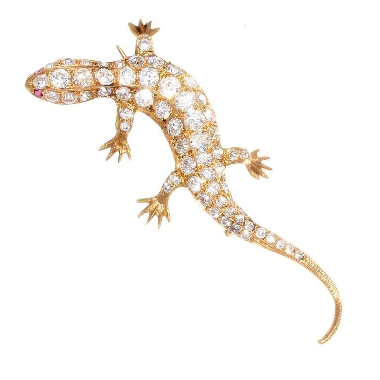 French Salamander Diamond Ruby Gold Brooch