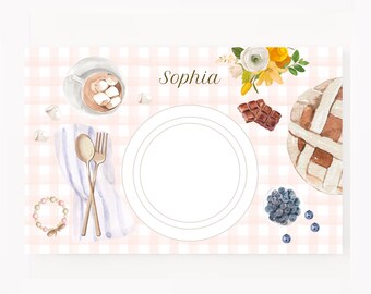 Kids Placemat, Thanksgiving placemat, Traditional kid, kids custom placemat, girl personalized gift, gingham kids, montessori, k-5, girl