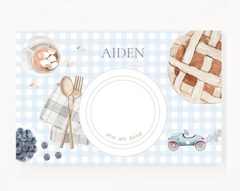 Kids Placemat, Boy Gingham, Montessori, Boy placemat, boy dump truck, excavator, kids custom placemat, Christmas Gift, boy personalized gift