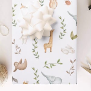 Baby Animals Wrapping Paper, Vintage baby, baby shower wrapping paper, baby shower gift, custom name, animal nursery, sloth, bunny, elephant