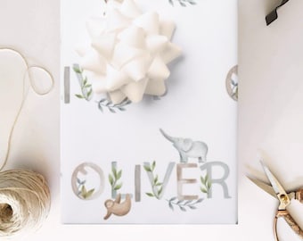 Personalized Wrapping Paper, Vintage baby, baby shower wrapping paper, baby shower gift, custom name, animal nursery, sloth, bunny, animal