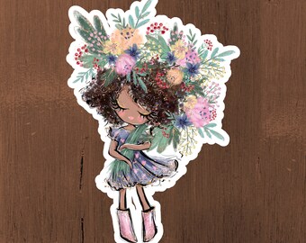BLOOM | Black Girl with Flowers Sticker | Floral Sticker | Cute Sticker | Spring Stickers