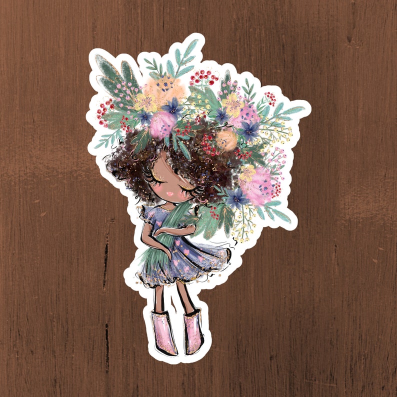 BLÜTE Schwarzes Mädchen mit Blumen Sticker Blumen Sticker Niedlicher Sticker Frühling Sticker Bild 1