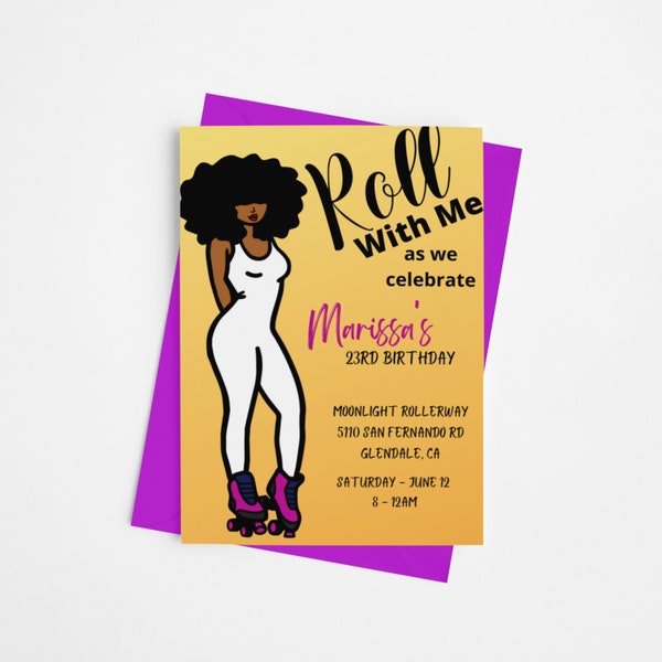 Editable Birthday Invitation | Adult Skate Party | Digital Download | Roller Skating Party | African American | CANVA Template