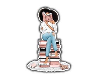 STI-0003 | STICKER - Black Woman Sitting on Stack of Books
