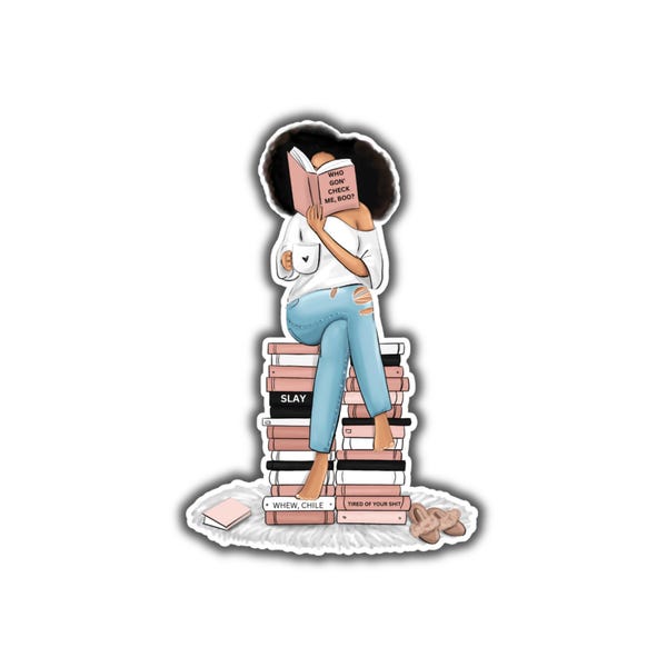 STI-0003 | STICKER - Black Woman Sitting on Stack of Books