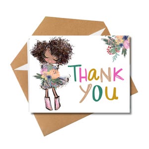 Tarjetas de agradecimiento / Chica negra con flores / Lindas tarjetas de agradecimiento / Gratitud / Gracias / Tarjeta de agradecimiento / Tarjeta de agradecimiento