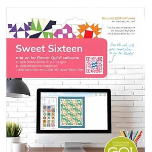 May include: A pink and white card with the text "Sweet Sixteen" and a QR code. The card is on a brick wall background. A computer screen shows a quilt design in the Electric Quilt software. The text "Add-on for Electric Quilt software" is on the card. The text "10 quilt designs for the 6.5 inch grid" is on the card. The text "Compatible with AccuQuilt GO! Quba Block Sets" is on the card. The text "Requires EQll software for Windows or Mac" is on the card. The text "Use EQe software to design quilts perfect for all sizes of AccuQuilt GO! Quba Block Sets!" is on the card. The text "@noouquile" is on the card. The text "Go! Quba" is on the card.