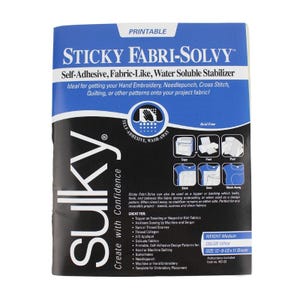 May include: A package of Sulky Sticky Fabri-Solvy, a self-adhesive, water-soluble stabilizer for hand embroidery, needlepunch, cross stitch, and quilting. The package is white and blue, with product details and instructions. The sheets are 12-8-1/2 x 11 inches.