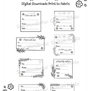 Pode incluir: Oito designs de etiquetas de colcha imprimíveis com motivos florais e acentos de coração em preto. As etiquetas incluem o texto "Para:", "De:" e "Data:" para personalização.