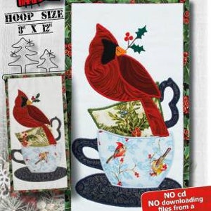 May include: Machine embroidery design featuring a cardinal perched on a teacup with a saucer. The design is titled "Coffee with a Cardinal" and is finished at 6 1/2 inches by 12 1/2 inches. The hoop size is 3 inches by 12 inches. The design is available on a USB drive.