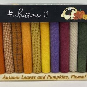 May include: A box of 11 fabric charm squares in various shades of orange, brown, yellow, purple, and green. The box has a black label with the text "#charms 11" and the words "Autumn Leaves and Pumpkins, Please!" printed on the bottom.
