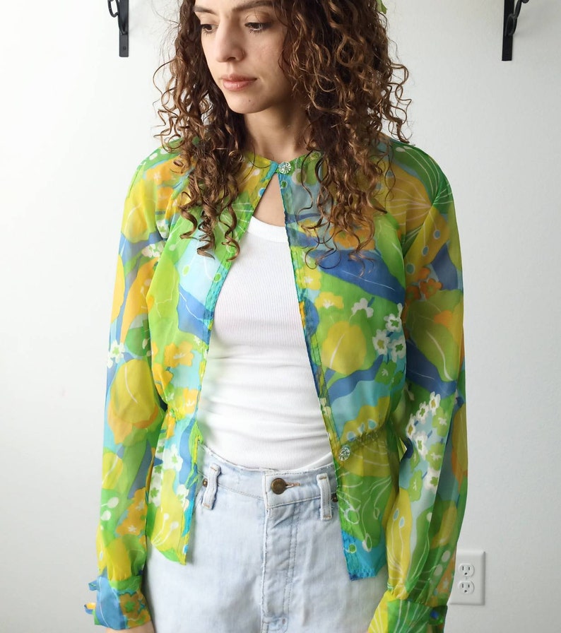 Vintage 80s twiggy MOD blouse cover up shirt long sleeve top green groovy hippie print