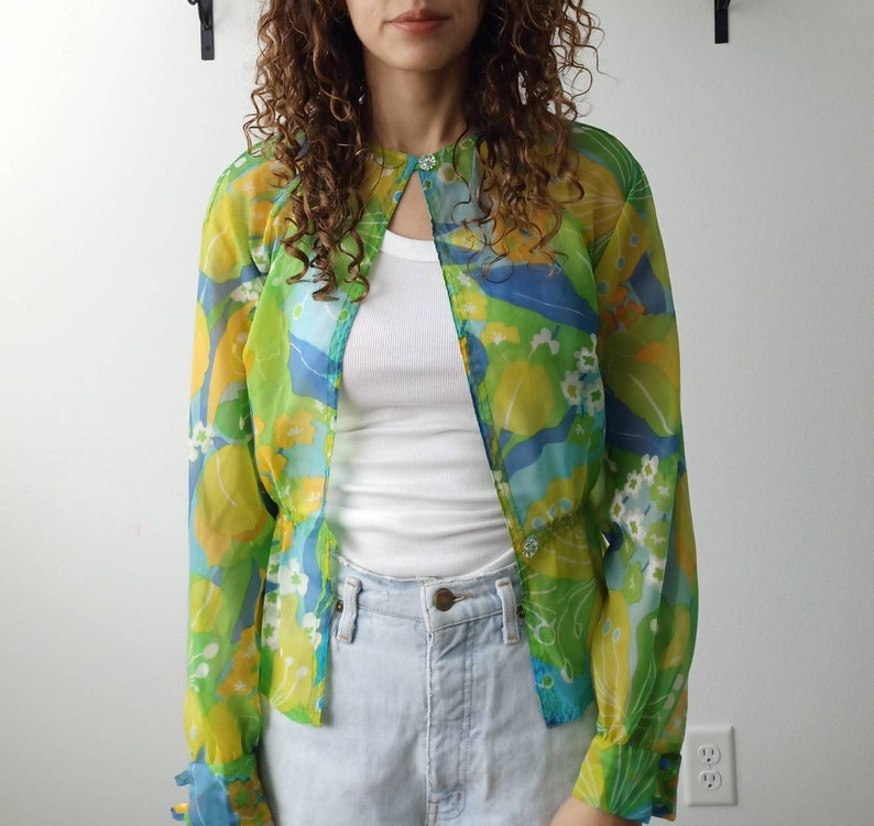 Vintage 80s twiggy MOD blouse cover up shirt long sleeve top green groovy hippie print
