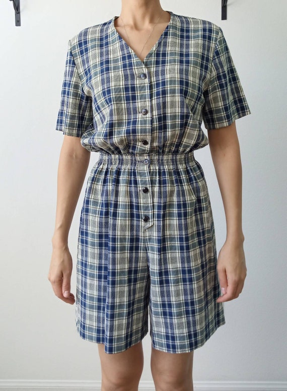 Blue checkered gingham romper shorts jumper one pi