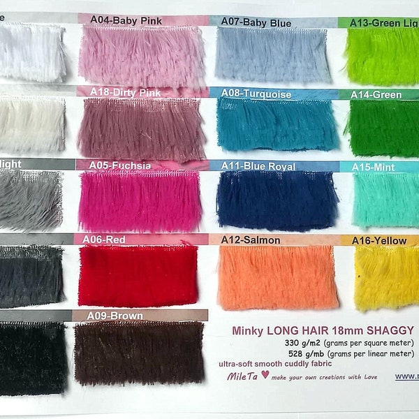 NEW COLORS!!! Minky LONG hair 18mm shaggy smooth fabric, 18 colors, ultra soft cuddly velboa microfiber fabric