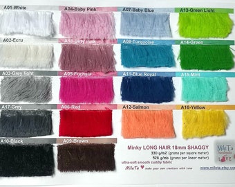 NEW COLORS!!! Minky LONG hair 18mm shaggy smooth fabric, 18 colors, ultra soft cuddly velboa microfiber fabric