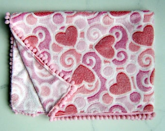Baby Blanket With Pom Poms, Plush Fleece Blanket, Versatile Blanket, Two-sided blanket, Hearts, Super-soft, Baby pink