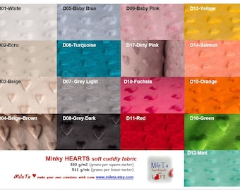 NEW COLORS *** Minky HEARTs fabric, ultra soft cuddly velboa microfiber smooth fabric, 17 colors to your choice.