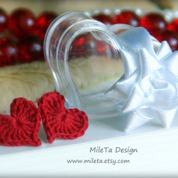 Stud Earrings Red Hearts Crocheted Cotton Thread, Metal Sticks