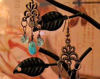 Back to school/ labor day goft/Aqua beads wire wrapped earrings-wire wrapped jeweley handmade--Victoria style---.Gift for her---birthdy gift