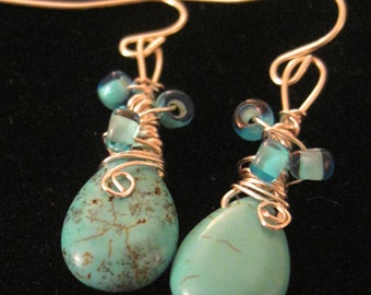 Turquoise earrings-- wire wrapped jewelry handmade--December Birthstone jewelry-----Valentine's Day Gift