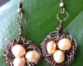 Back to school/labor Day gift/ Bird's nest earrings--bird's nest jewelry--wire wrapped pearls earrings--"LOVA NEST"- Gift for her