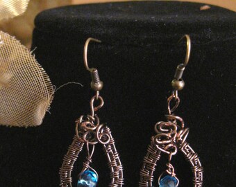 Aqua glass bead wire woven dangle earrings---wire woven jewelry handmade---birthday gift-----Valentine's Day Gift