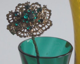 Vintage Filigree Emerald Rhinestone Brooch Flower in MCM Optic Glass Vase ~ Bejeweled Blooms Series