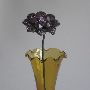 Vintage Marcasite Rhinestone Brooch Flower in Antique Amber Optic Glass Vase ~ Bejeweled Blooms Series ~ Repurposed Upcycled Vintage Decor
