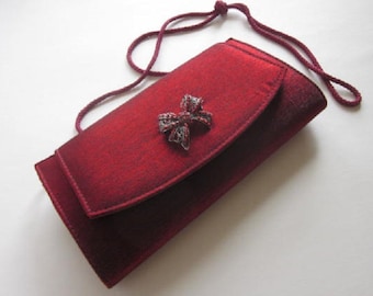 Iridescent Scarlet Clutch w Vintage Red Rhinestone Bow Brooch Restyled La Regale Bejeweled Bag