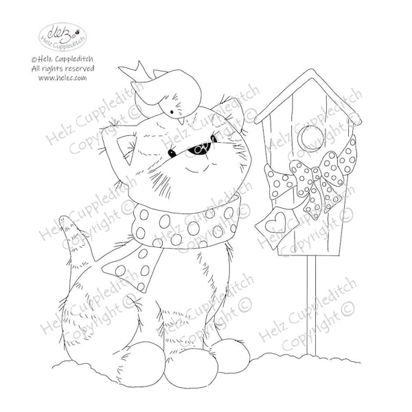 Helz Cuppleditch Digital Stamp Whimsical Kitten, Robin and Birdhouse, Black and White Clip Art Drawing