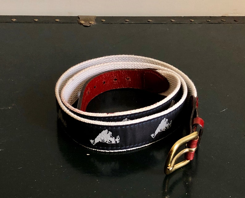 Navy Blue Surcingle Martha/'s Vineyard Themed Leather End Belt Hand Made in USA Vintage LEATHER MAN Ltd