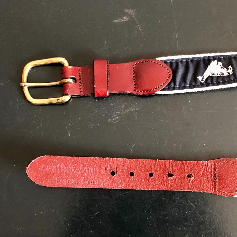 Navy Blue Surcingle Martha/'s Vineyard Themed Leather End Belt Hand Made in USA Vintage LEATHER MAN Ltd