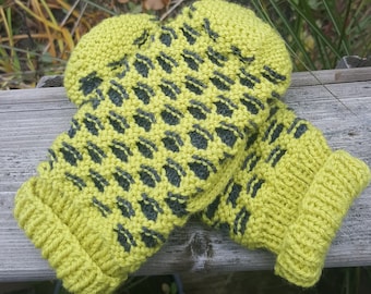 Mitts | Mittens | Authentic Canadian Newfoundland Mittens (made from 100% wool) in Lemon-Lime & Dark Grey (LADIES LARGE)