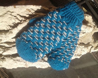 Mitts | Mittens | Authentic Canadian Newfoundland Mittens (made from 100% wool) in  Peacock Blue + Grey Rag (LADIES LARGE)