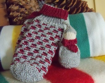 Mitts | Mittens | Authentic Canadian Newfoundland Mittens (made from 100% wool) in  "Red MONKEY" Light Marble Grey +  Red  (LADIES LARGE)