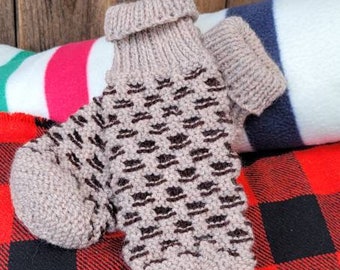 Authentic Canadian Newfoundland Mittens (made from 100% wool) in Beige & Brown (LADIES LARGE)