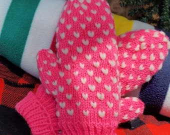 Thrummed Mittens (made from 100% wool) in Pink & Natural (LADIES LARGE)