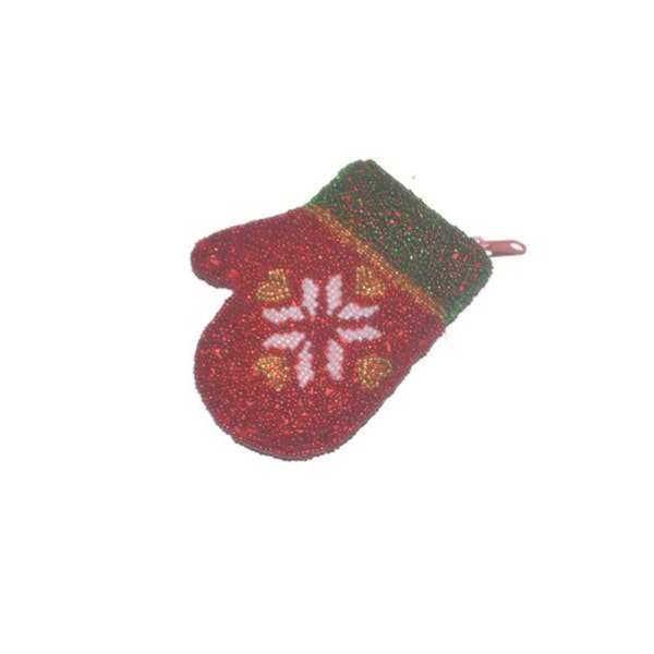 Beaded Christmas Mitten Change Purse 1980's Red Green White Holiday Gifts for Her