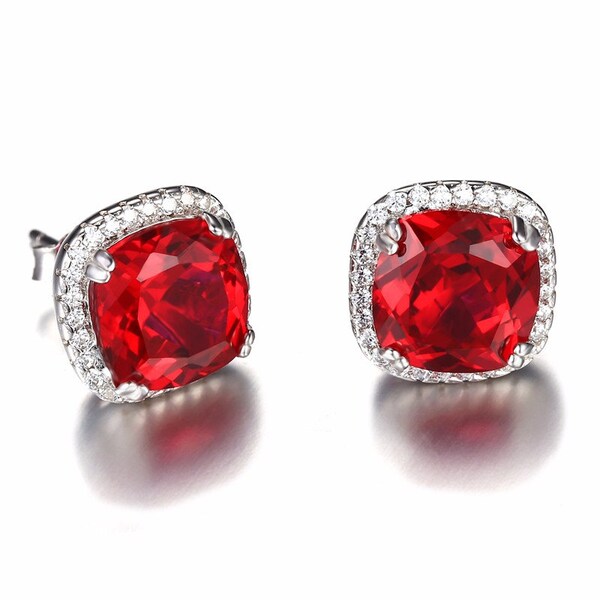 Christmas Gifts for Her Vintage Ruby Earrings Large Red Square Cut Earrings Stud For Women 925 Solid Sterling Silver Gifts for Her