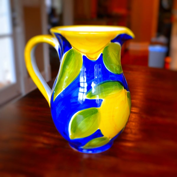 Bright Blue and Yellow Lemons Ceramic Vase Pitcher Vintage 1980s Gift Ideas Home Decor Blue Pitcher