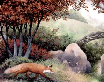 Original watercolour | Painting of Puzzlewood, Forest of Dean | 18" x 6" | Fantasy ancient woodland | Fox, Kestrel, Red Squirrel and Deer