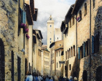 Tuscany watercolour |  Original painting | San Gimignano | acquerello originale | Watercolor by Helen Lush | 10" x 7"  |  Painting of Italy