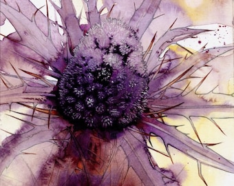 Purple Sea Holly | Flower print | Abstract watercolour flower | 7" x 7" | Botanical art by Helen Lush | Purple and gold thistle |