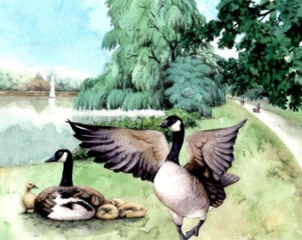 Original watercolour | Geese Roath Park Lake | Painting of Cardiff park | Watercolor of trees and water birds | Welsh wall art by Helen Lush