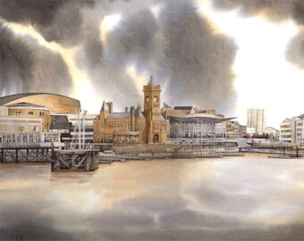 Bahía de Cardiff / Impresión de archivo / 25,4 x 18,8 cm / De una acuarela de Helen Lush / Edificio Cardiff Pierhead, Senedd, Centro del Milenio