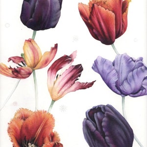 May include: Watercolor painting of several tulips in various colors, including deep purple, orange, and pink. The flowers have detailed petals and green stems against a white background. The word "LUSH" is in the upper left corner.